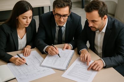 Consultores analisando documentos de engenharia e contratos em uma mesa de trabalho Consultores analisando documentos de engenharia e contratos em uma mesa de trabalho