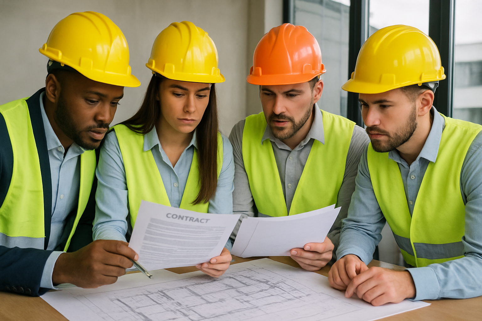 Equipe analisando documentos contratuais de construção civil