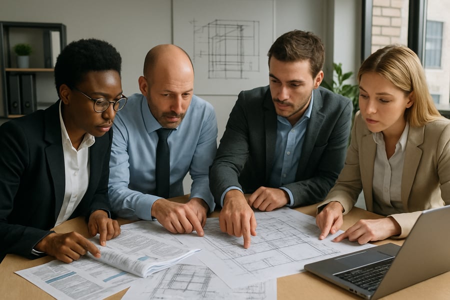 Equipe de consultores analisando projetos de engenharia Equipe de consultores analisando projetos de engenharia